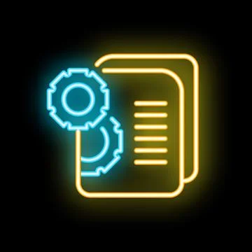 Neon icon of gears optimizing documents for efficiency Stock Illustration