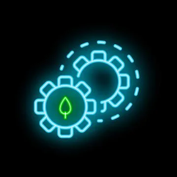 Neon icon of gears rotating with leaf symbolizing green energy and sustaina.. Illustrazione stock