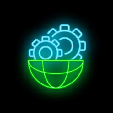 Neon icon of gears rotating over planet earth representing global industry Ilustração Stock