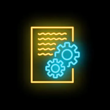Neon icon of gears working on a document management system Stock Illustration