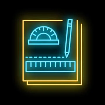 Neon icon of geometry tools drawing on paper with ruler, protractor and penci Stock Illustration
