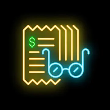 Neon icon of glasses analyzing a bill with dollar sign Stock Illustration