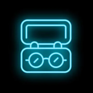 Neon icon of glasses inside open hard case glowing on black background Stock Illustration