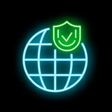 Neon icon of global security showing a check mark over a globe Stock Illustration