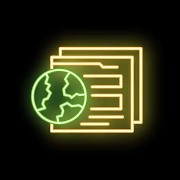Neon icon of globe and documents representing global issues Illustrazione stock