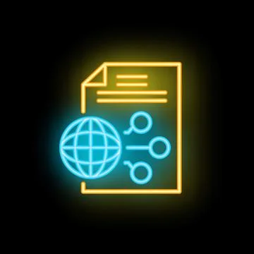 Neon icon of globe connecting to document representing global network Illustrazione stock