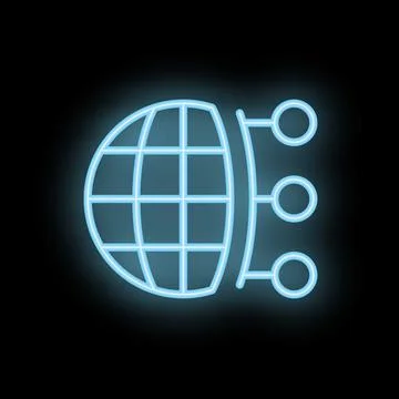 Neon icon of a globe connecting to three circles on black background Stock Illustration
