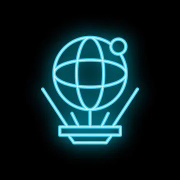 Neon icon of globe floating over platform with satellite orbiting above Stock Illustration
