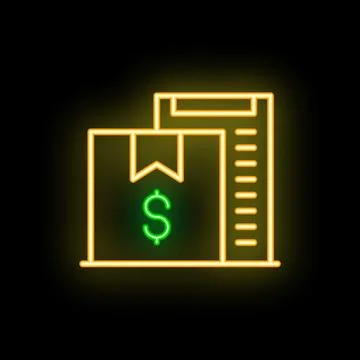 Neon icon glowing on a dark wall representing a package with a dollar sign, r Stock Illustration