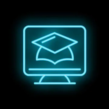 Neon icon of graduation cap on computer screen representing online education 스톡 일러스트