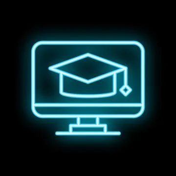 Neon icon of graduation cap displayed on computer screen representing onlin.. Stock Illustration
