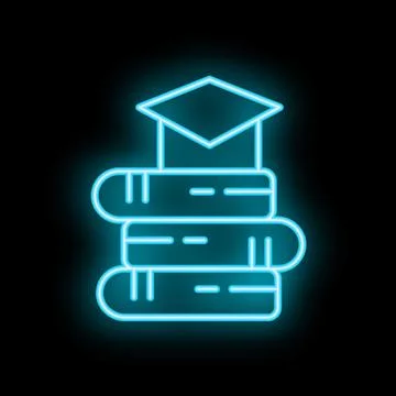 Neon icon of graduation cap resting on stack of books symbolizing education Illustrazione stock