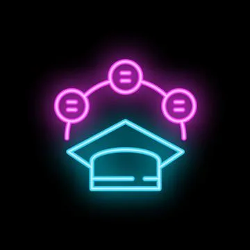 Neon icon of graduation cap surrounded by three nodes representing knowledg.. Stock Illustration