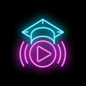 Neon icon of graduation hat floating over play button for online education Stock Illustration