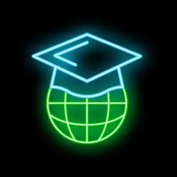 Neon icon of graduation hat over world representing global education Ilustração Stock