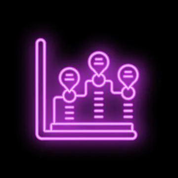 Neon icon of a graph chart showing growth with location pins Stock Illustration
