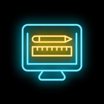 Neon icon of graphic design tools on computer screen Stock Illustration