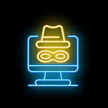 Neon icon of hacker using computer for cybercrime, hacking attack Stock Illustration