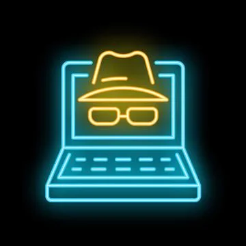 Neon icon of hacker wearing hat and sunglasses on laptop screen Stock Illustration