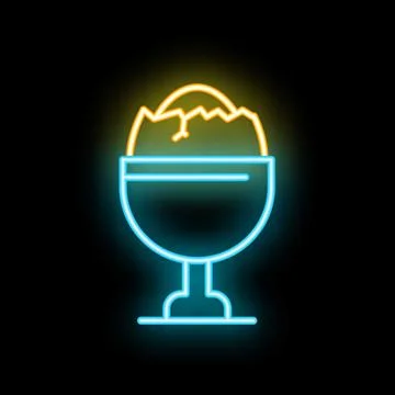 Neon icon of half eaten boiled egg in egg cup glowing on black background Stock Illustration