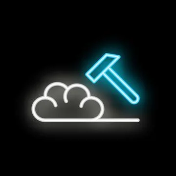 Neon icon of hammer breaking cloud computing system Stock Illustration