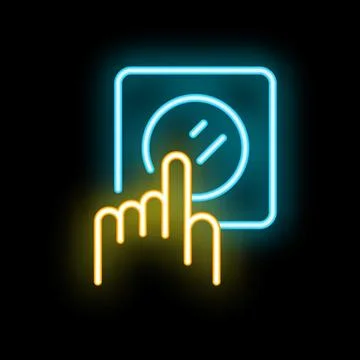 Neon icon of hand pressing button on control panel Stock Illustration