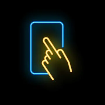Neon icon of hand pressing a button on a smartphone screen Stock Illustration