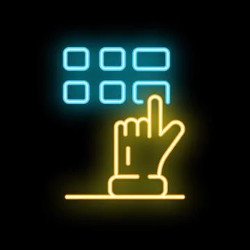 Neon icon of hand pressing button on control panel Stock Illustration