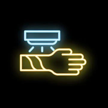 Neon icon of hand scanner being used for biometric security Stock Illustration