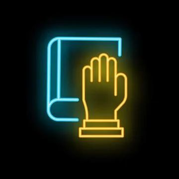 Neon icon of hand touching book for oath, vow, promise, agreement Stock Illustration
