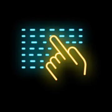 Neon icon of hand touching interactive digital screen Illustrazione stock