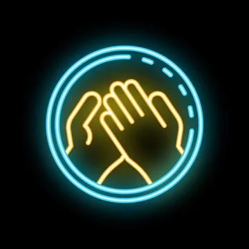 Neon icon of hands clapping inside a circle on black background Stock Illustration