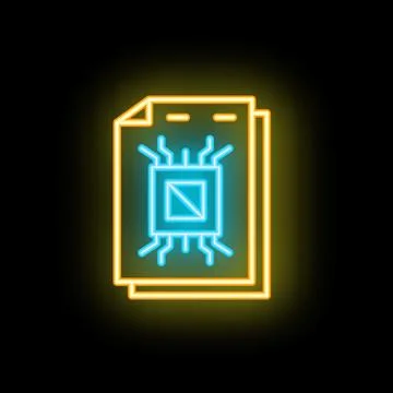 Neon icon of hardware documentation, cpu specification, electronic circuit .. Stock Illustration