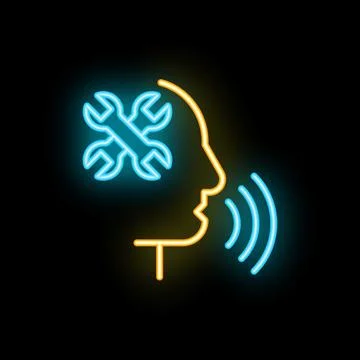 Neon icon of head with wrenches talking about technical support Stock Illustration