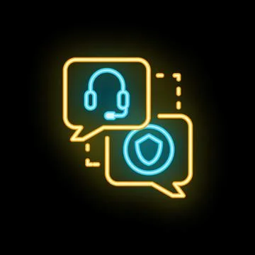 Neon icon of headset and shield symbolizing customer data protection Stock Illustration