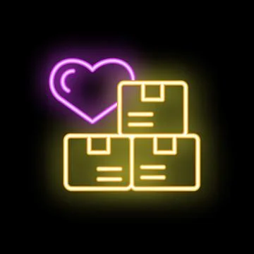 Neon icon of heart hovering over stack of cardboard boxes Stock Illustration