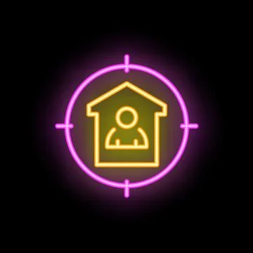 Neon icon of house with person inside target symbol Stock Illustration