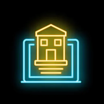 Neon icon of house project being designed on laptop computer Ilustración de archivo