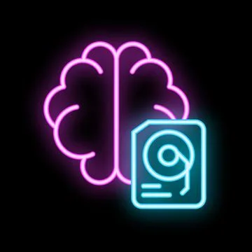 Neon icon of human brain storing data on hard drive Stock Illustration