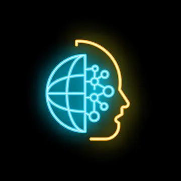 Neon icon of human head with brain made of world map and neural network rep.. Stock Illustration