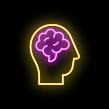 Neon icon of human head with brain showing thinking process Stock Illustration
