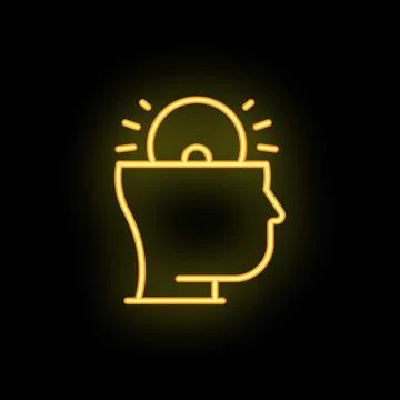 Neon icon of human head with cd shining inside representing data storage Stock Illustration