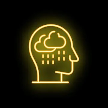 Neon icon of human head experiencing raining clouds representing sadness Stock Illustration