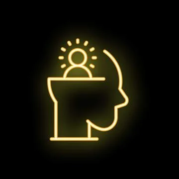 Neon icon of human head with glowing lightbulb representing ideas Stock Illustration