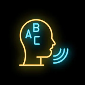 Neon icon of human head learning alphabet and speaking Illustration