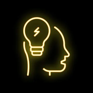 Neon icon of human head with light bulb showing creativity Stock Illustration