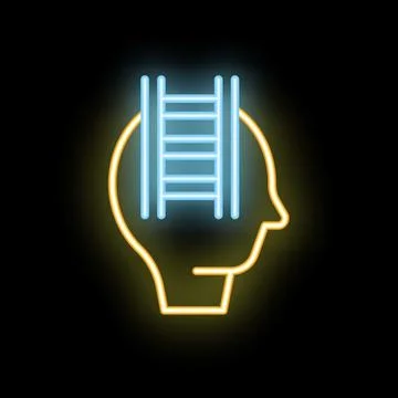 Neon icon of human head profile with ladder inside representing career path Illustrazione stock