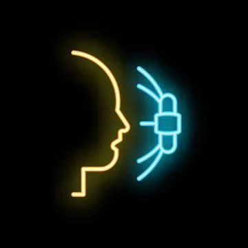 Neon icon of human head receiving digital data through neural interface 스톡 일러스트