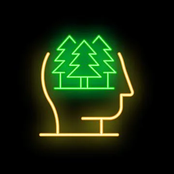 Neon icon of human head thinking about forest, environment protection symbol Stock Illustration