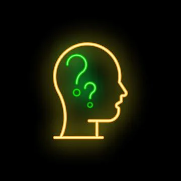 Neon icon of human head thinking with question marks Stock Illustration